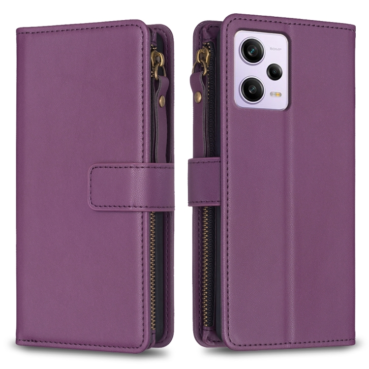 

For Xiaomi Redmi Note 12 Pro 9 Card Slots Zipper Wallet Leather Flip Phone Case(Dark Purple)