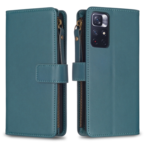 

For Xiaomi Redmi Note 12S 4G 9 Card Slots Zipper Wallet Leather Flip Phone Case(Green)