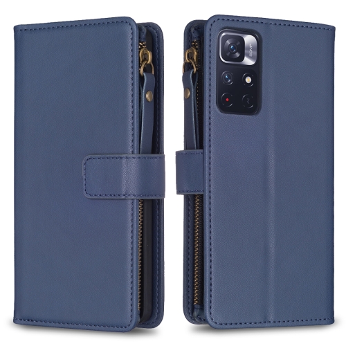 

For Xiaomi Redmi Note 12S 4G 9 Card Slots Zipper Wallet Leather Flip Phone Case(Blue)