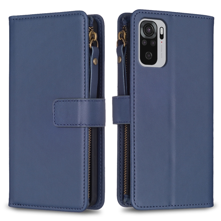 

For Xiaomi Redmi Note 10 9 Card Slots Zipper Wallet Leather Flip Phone Case(Blue)