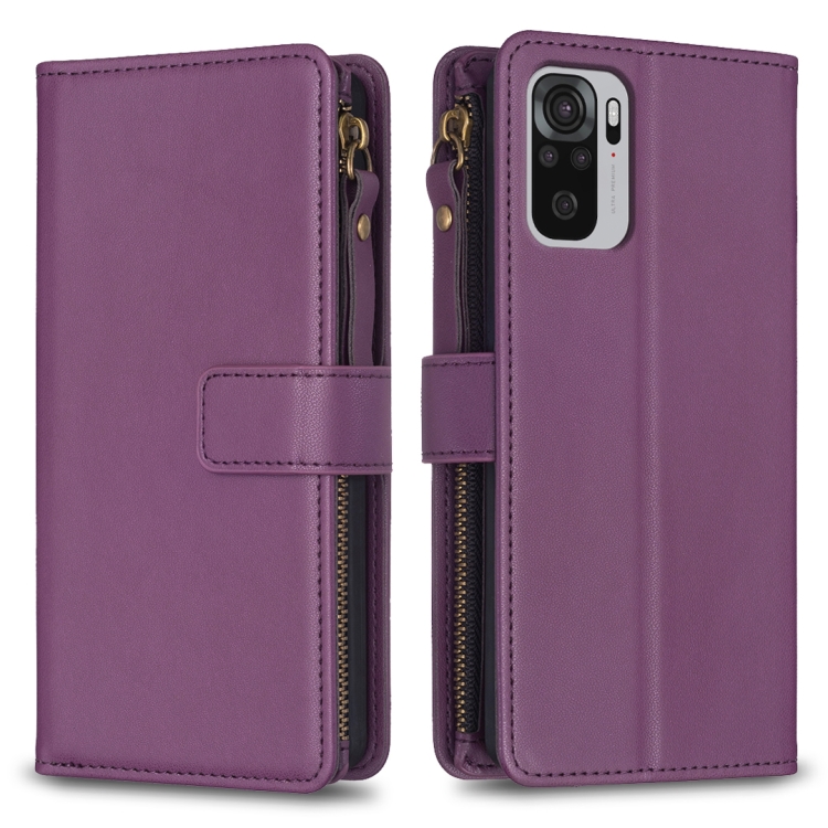 

For Xiaomi Redmi Note 10 9 Card Slots Zipper Wallet Leather Flip Phone Case(Dark Purple)