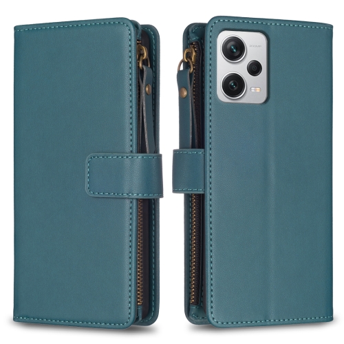 

For Xiaomi Redmi Note 12 Pro+ 5G Global 9 Card Slots Zipper Wallet Leather Flip Phone Case(Green)