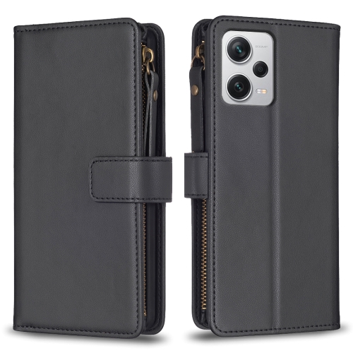 

For Xiaomi Redmi Note 12 Pro+ 5G Global 9 Card Slots Zipper Wallet Leather Flip Phone Case(Black)