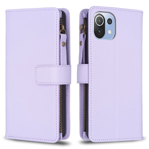 

For Xiaomi Mi 11 Lite 9 Card Slots Zipper Wallet Leather Flip Phone Case(Light Purple)