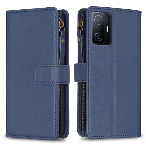 

For Xiaomi Mi 11T / 11T Pro 9 Card Slots Zipper Wallet Leather Flip Phone Case(Blue)