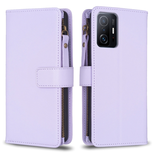 

For Xiaomi Mi 11T / 11T Pro 9 Card Slots Zipper Wallet Leather Flip Phone Case(Light Purple)