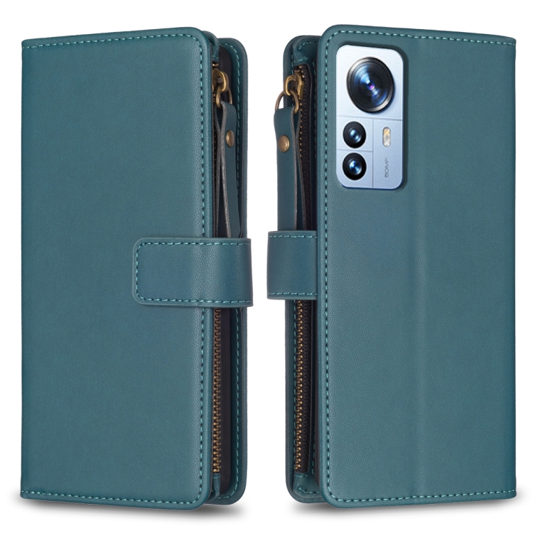 

For Xiaomi 12 Pro 9 Card Slots Zipper Wallet Leather Flip Phone Case(Green)