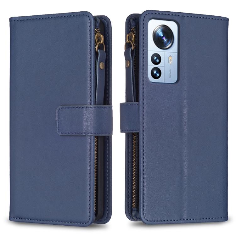 

For Xiaomi 12 Pro 9 Card Slots Zipper Wallet Leather Flip Phone Case(Blue)