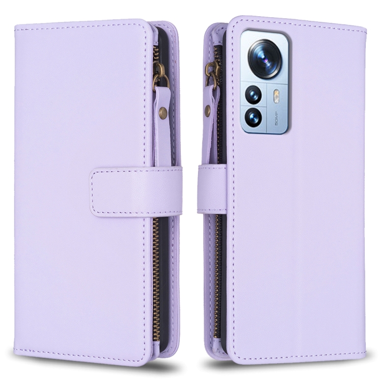 

For Xiaomi 12 Pro 9 Card Slots Zipper Wallet Leather Flip Phone Case(Light Purple)