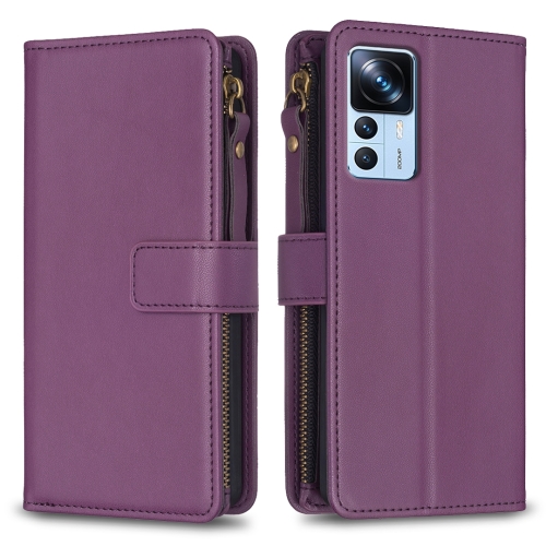 

For Xiaomi 12T / 12T Pro 9 Card Slots Zipper Wallet Leather Flip Phone Case(Dark Purple)