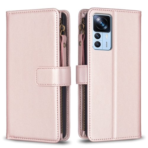 

For Xiaomi 12T / 12T Pro 9 Card Slots Zipper Wallet Leather Flip Phone Case(Rose Gold)