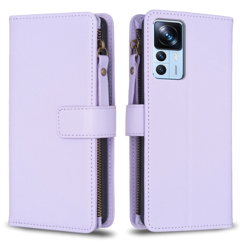 

For Xiaomi 12T / 12T Pro 9 Card Slots Zipper Wallet Leather Flip Phone Case(Light Purple)