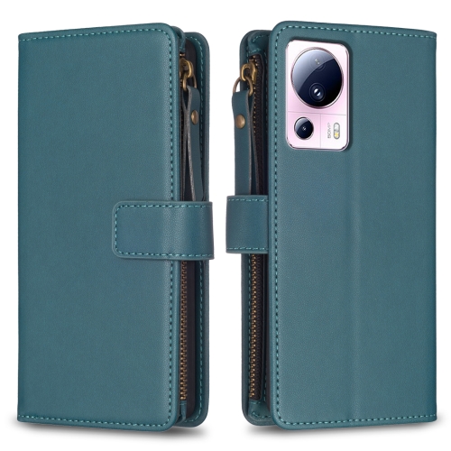 

For Xiaomi 13 Lite 9 Card Slots Zipper Wallet Leather Flip Phone Case(Green)