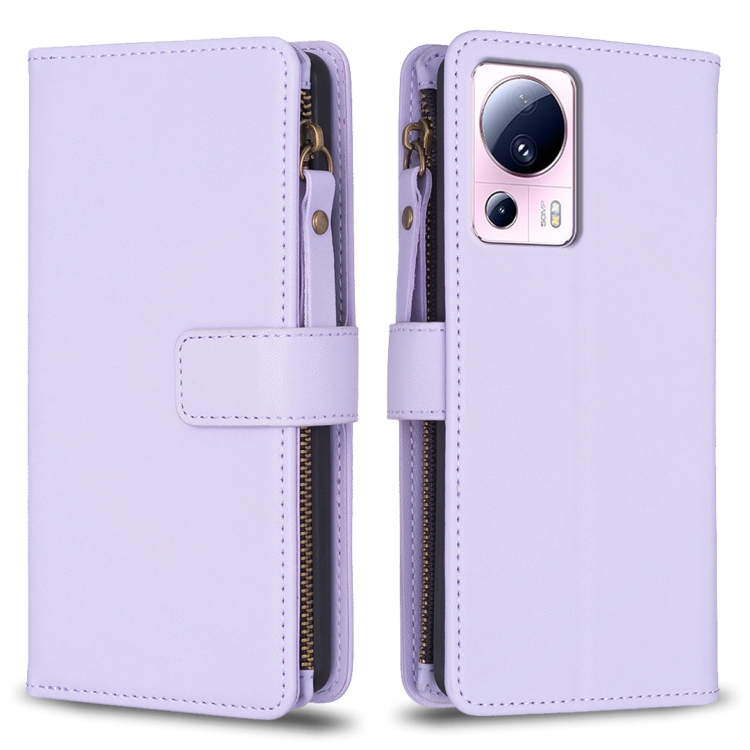 

For Xiaomi 13 Lite 9 Card Slots Zipper Wallet Leather Flip Phone Case(Light Purple)