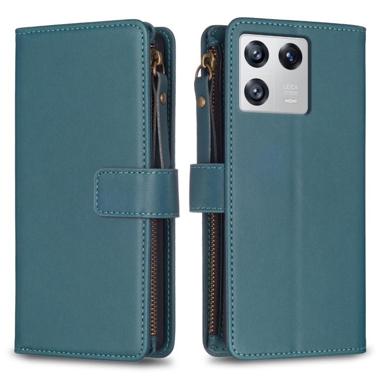 

For Xiaomi 13 9 Card Slots Zipper Wallet Leather Flip Phone Case(Green)