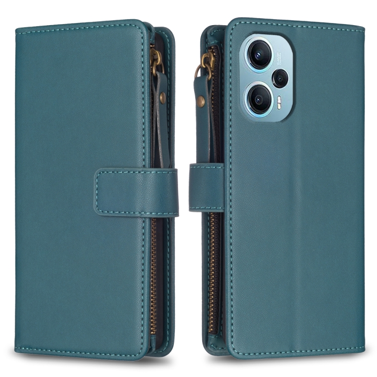 

For Xiaomi Poco F5 5G 9 Card Slots Zipper Wallet Leather Flip Phone Case(Green)