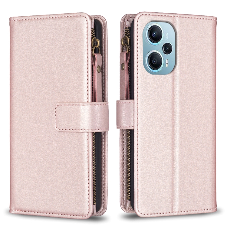 

For Xiaomi Poco F5 5G 9 Card Slots Zipper Wallet Leather Flip Phone Case(Rose Gold)
