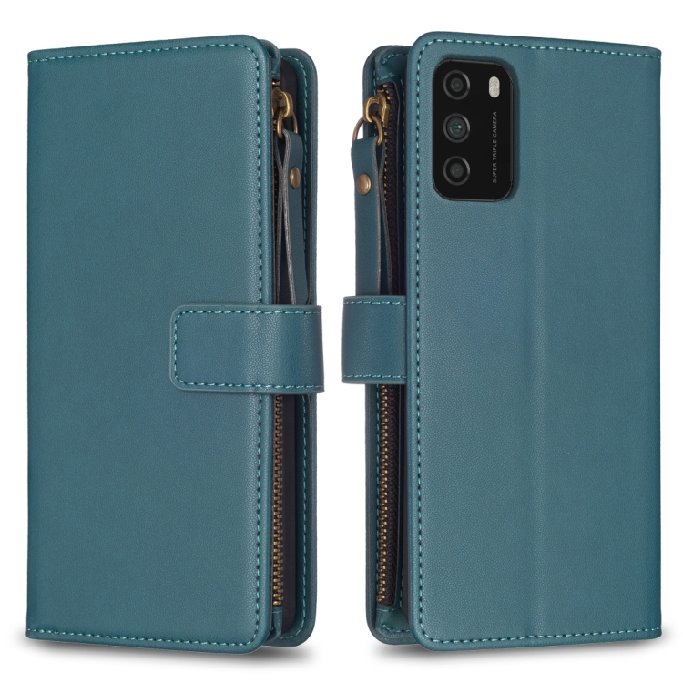 

For Xiaomi Poco M3 9 Card Slots Zipper Wallet Leather Flip Phone Case(Green)