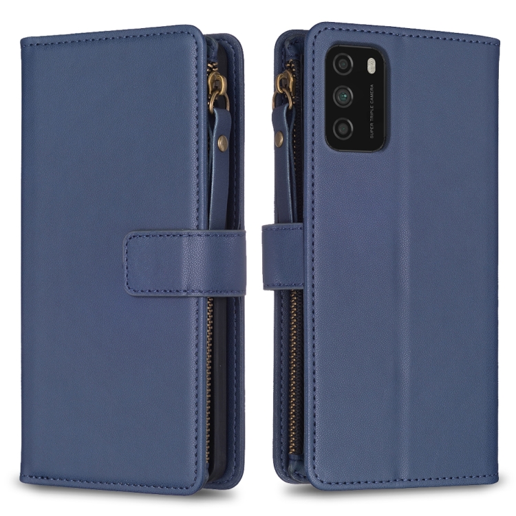 

For Xiaomi Poco M3 9 Card Slots Zipper Wallet Leather Flip Phone Case(Blue)