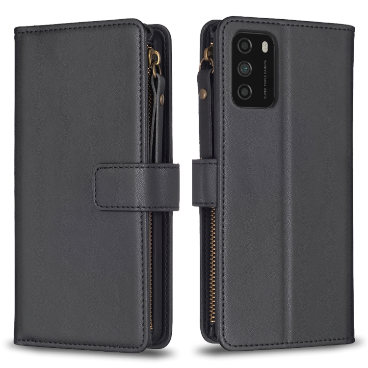 

For Xiaomi Poco M3 9 Card Slots Zipper Wallet Leather Flip Phone Case(Black)