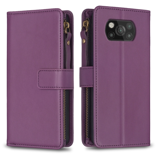 

For Xiaomi Poco X3 9 Card Slots Zipper Wallet Leather Flip Phone Case(Dark Purple)