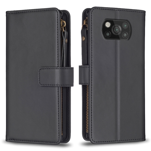 

For Xiaomi Poco X3 9 Card Slots Zipper Wallet Leather Flip Phone Case(Black)