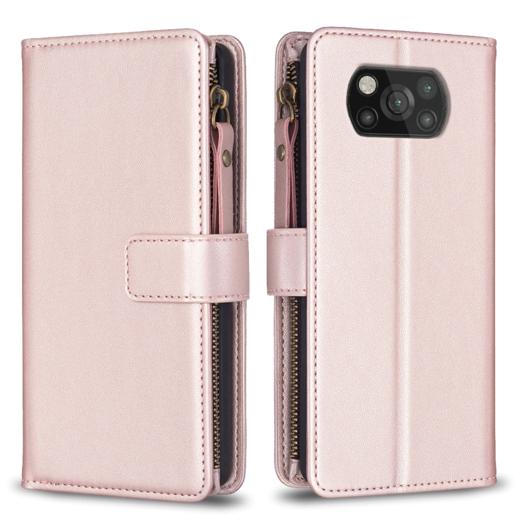 

For Xiaomi Poco X3 9 Card Slots Zipper Wallet Leather Flip Phone Case(Rose Gold)