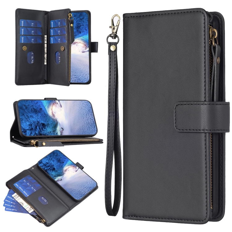 

For Xiaomi Redmi 12 4G 9 Card Slots Zipper Wallet Leather Flip Phone Case(Black)