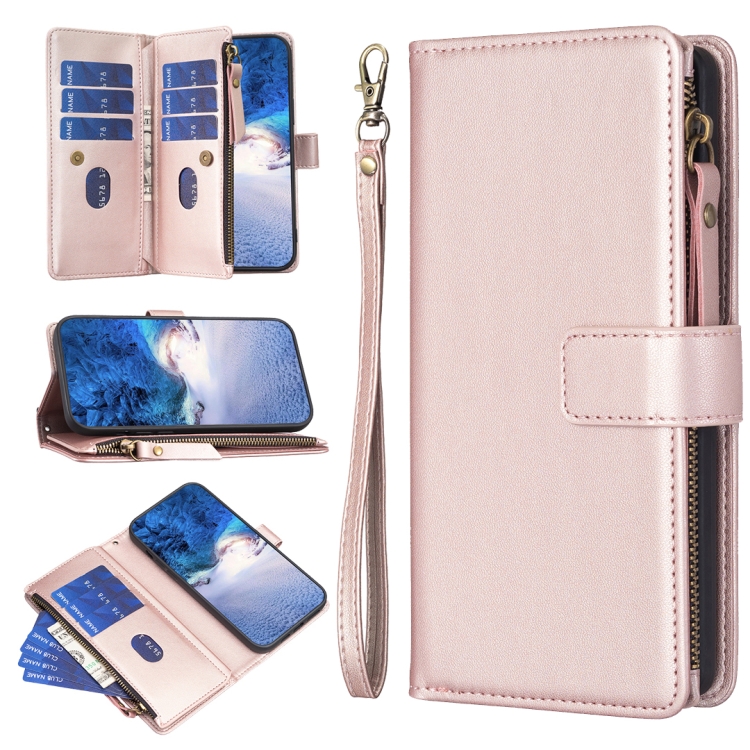 

For Xiaomi Redmi 12 4G 9 Card Slots Zipper Wallet Leather Flip Phone Case(Rose Gold)