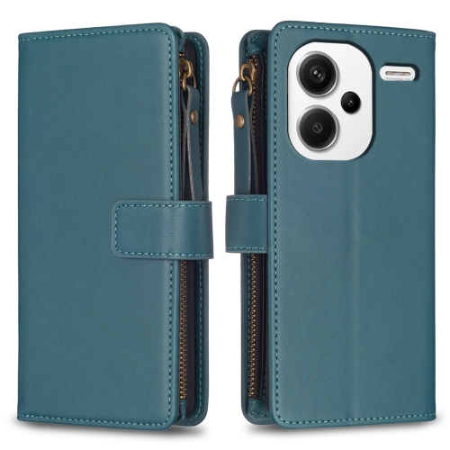 For Xiaomi Redmi Note 13 Pro+ 9 Card Slots Zipper Wallet Leather Flip Phone Case(Green)