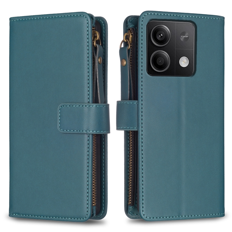 

For Xiaomi Redmi Note 13 9 Card Slots Zipper Wallet Leather Flip Phone Case(Green)