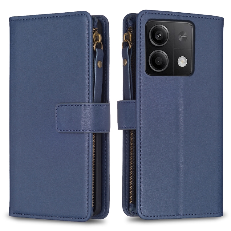 

For Xiaomi Redmi Note 13 9 Card Slots Zipper Wallet Leather Flip Phone Case(Blue)