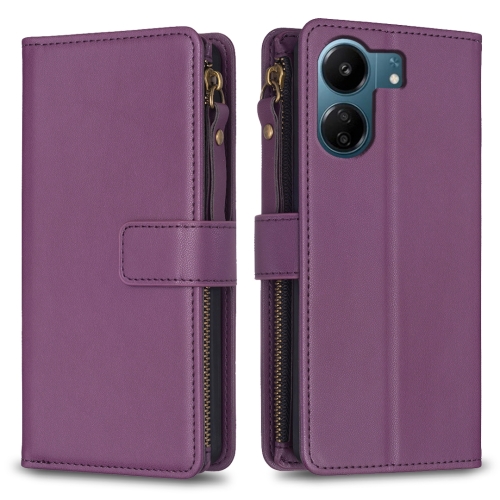 

For Xiaomi Redmi 13C 9 Card Slots Zipper Wallet Leather Flip Phone Case(Dark Purple)