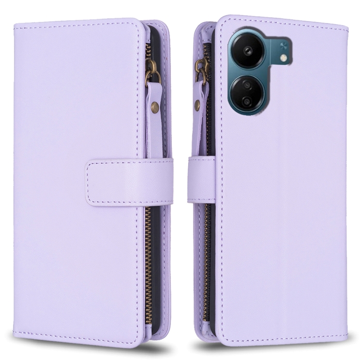 

For Xiaomi Redmi 13C 9 Card Slots Zipper Wallet Leather Flip Phone Case(Light Purple)