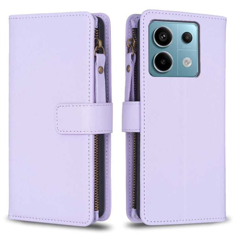 

For Xiaomi Redmi Note 13 Pro 4G Global 9 Card Slots Zipper Wallet Leather Flip Phone Case(Light Purple)