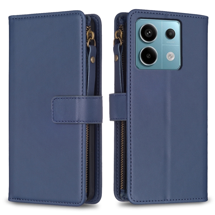 

For Xiaomi Poco M6 Pro 4G 9 Card Slots Zipper Wallet Leather Flip Phone Case(Blue)