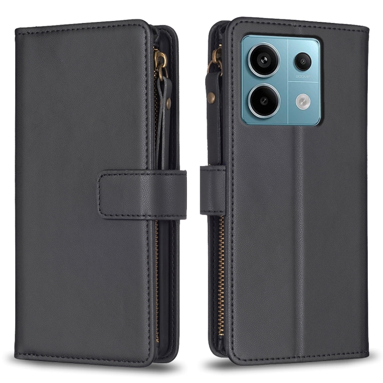 

For Xiaomi Poco M6 Pro 4G 9 Card Slots Zipper Wallet Leather Flip Phone Case(Black)
