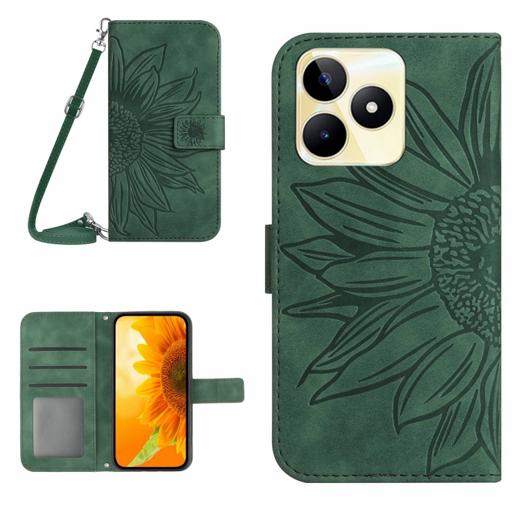

For Realme C53 Skin Feel Sun Flower Embossed Flip Leather Phone Case with Lanyard(Green)