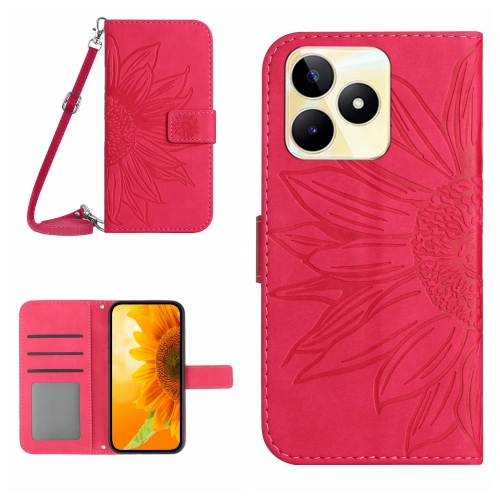 

For Realme C53 Skin Feel Sun Flower Embossed Flip Leather Phone Case with Lanyard(Rose Red)