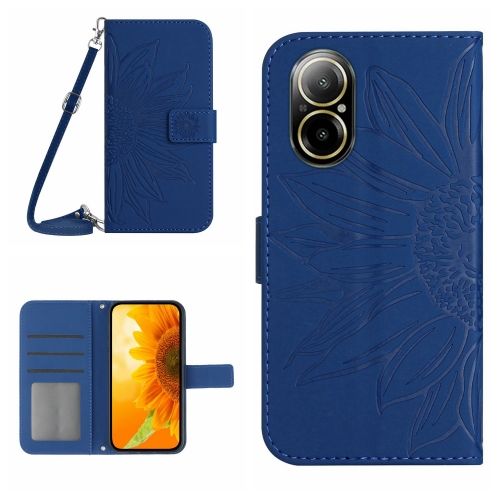

For Realme C67 4G Skin Feel Sun Flower Embossed Flip Leather Phone Case with Lanyard(Dark Blue)