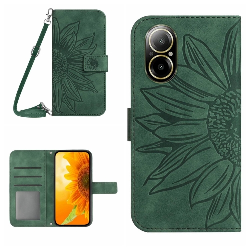

For Realme C67 4G Skin Feel Sun Flower Embossed Flip Leather Phone Case with Lanyard(Green)
