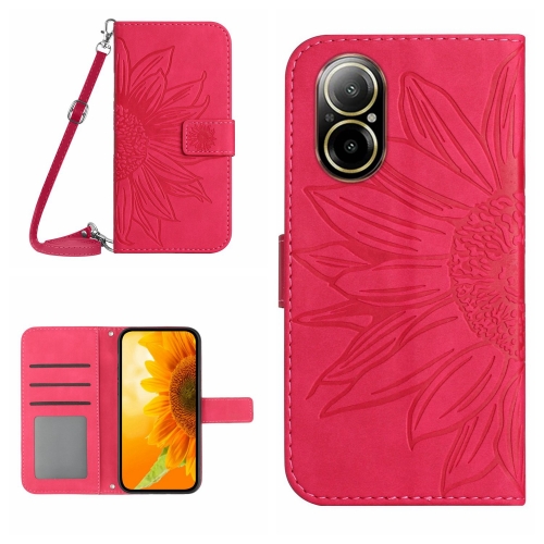 

For Realme C67 4G Skin Feel Sun Flower Embossed Flip Leather Phone Case with Lanyard(Rose Red)