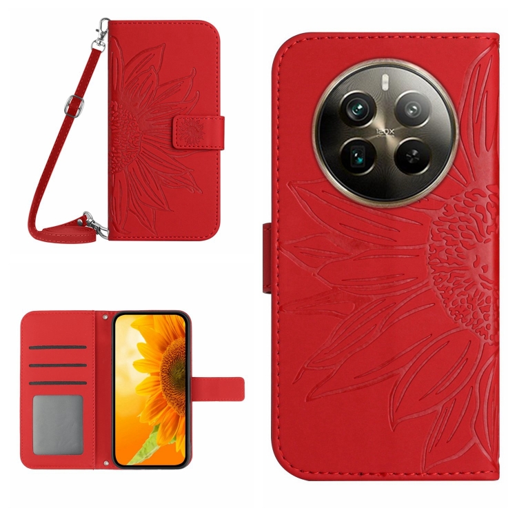 

For Realme 12+ Global Skin Feel Sun Flower Embossed Flip Leather Phone Case with Lanyard(Red)