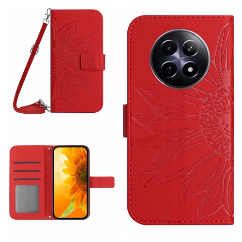 

For Realme 12 5G Global Skin Feel Sun Flower Embossed Flip Leather Phone Case with Lanyard(Red)