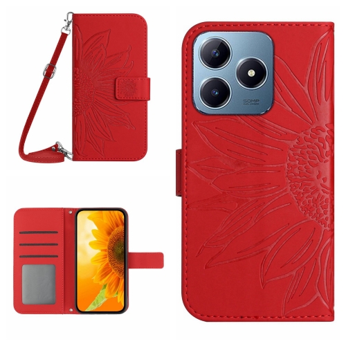 

For Realme C63 4G Global/ C61 Skin Feel Sun Flower Embossed Flip Leather Phone Case with Lanyard(Red)