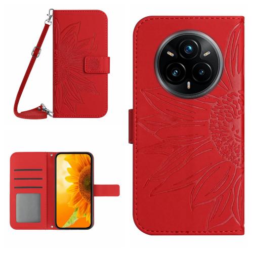 

For Realme 14 Pro+ 5G Skin Feel Sun Flower Embossed Flip Leather Phone Case with Lanyard(Red)