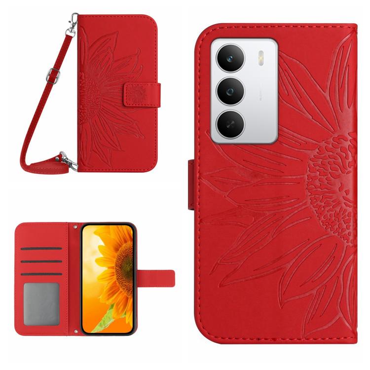 

For Realme C75 5G Skin Feel Sun Flower Embossed Flip Leather Phone Case with Lanyard(Red)
