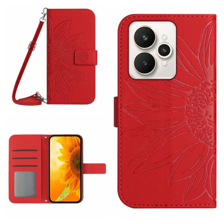 

For Realme 15 5G Global / 15 Pro 5G Global Skin Feel Sun Flower Embossed Flip Leather Phone Case with Lanyard(Red)