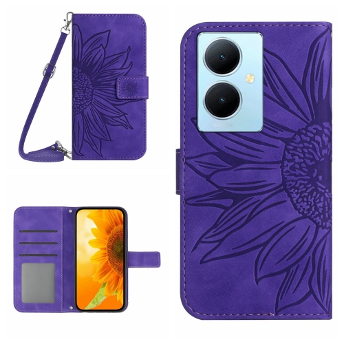 

For vivo Y78+ Skin Feel Sun Flower Embossed Flip Leather Phone Case with Lanyard(Dark Purple)