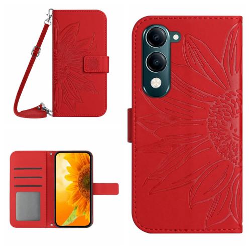 

For vivo Y04 4G / Y29s 5G Skin Feel Sun Flower Embossed Flip Leather Phone Case with Lanyard(Red)